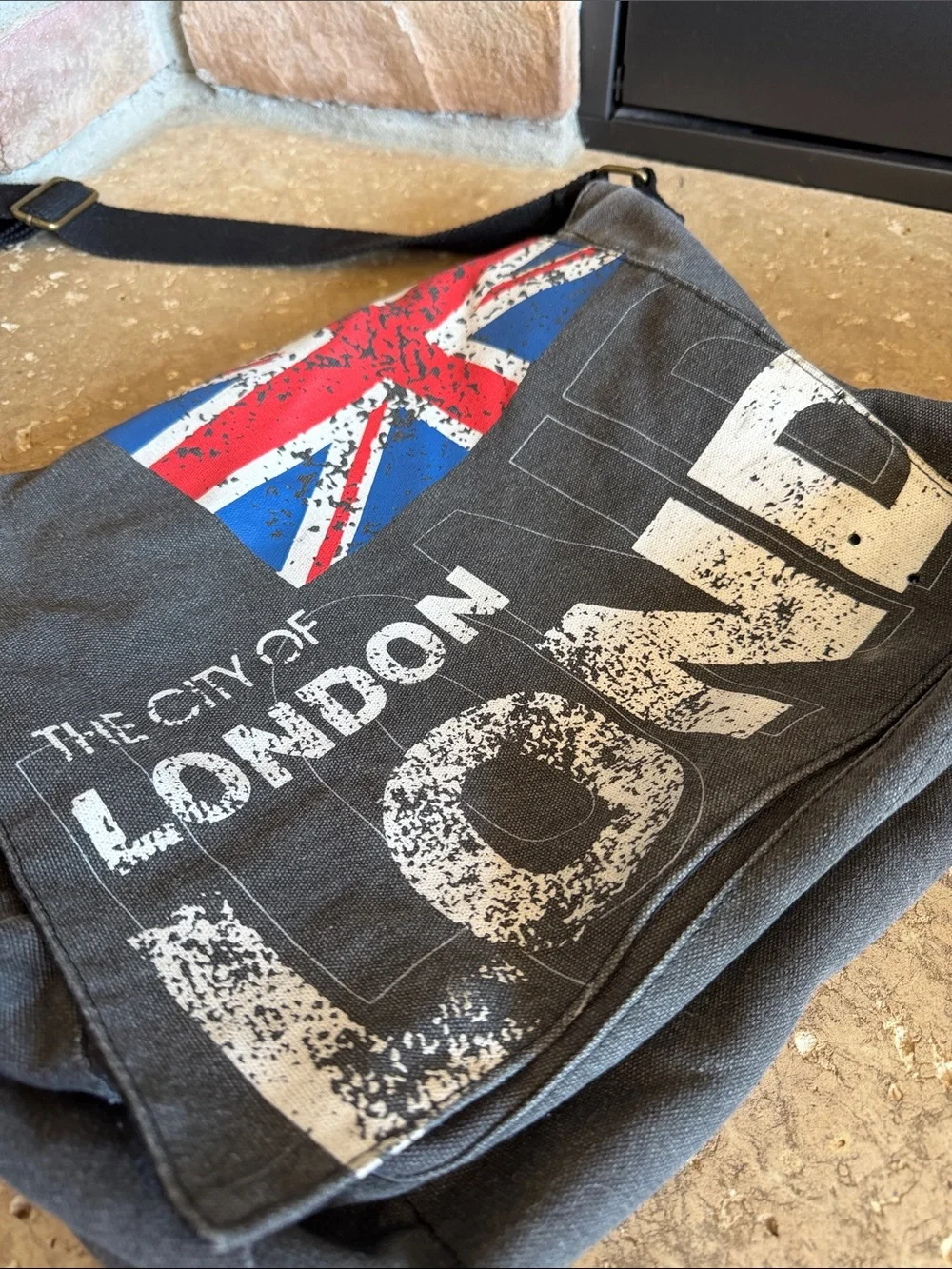 Robin Ruth Gray Canvas Messenger Bag with Red, Blue and White Union Jack